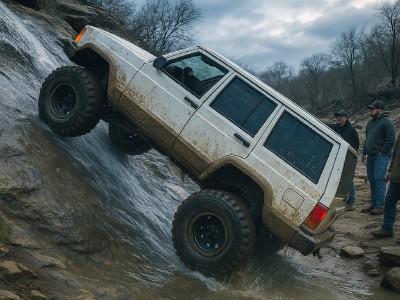 Lifted Jeep Cherokee XJ climbing waterfall