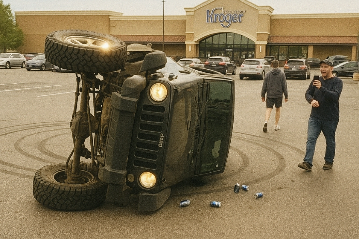 Jeep rolling over in a parking lot after doing a donut